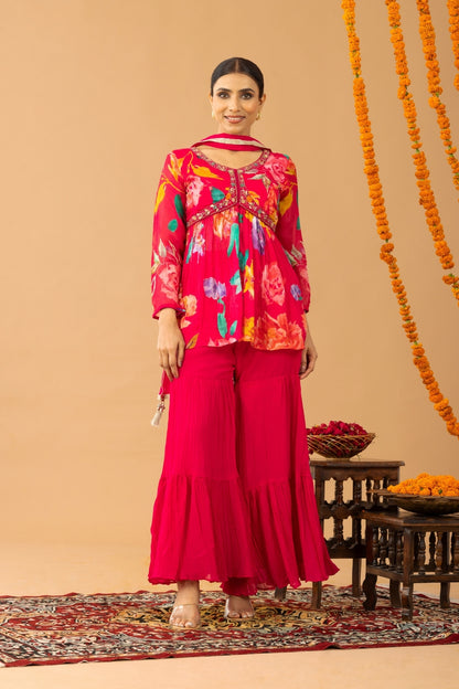 Magenta Pink Floral Print Peplum Top &amp; Sharara Set