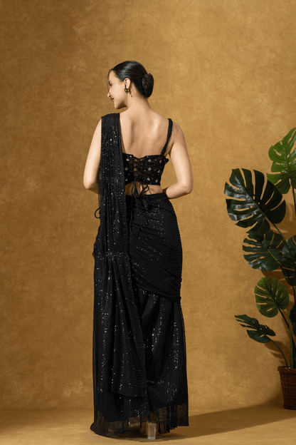 Black Sequin Drape Saree Set