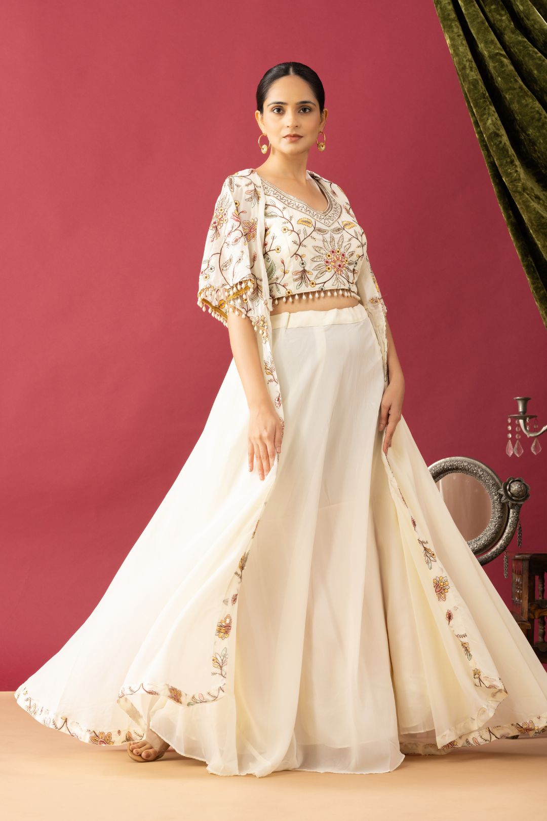 Embroidered White Lehenga set in Cape Style