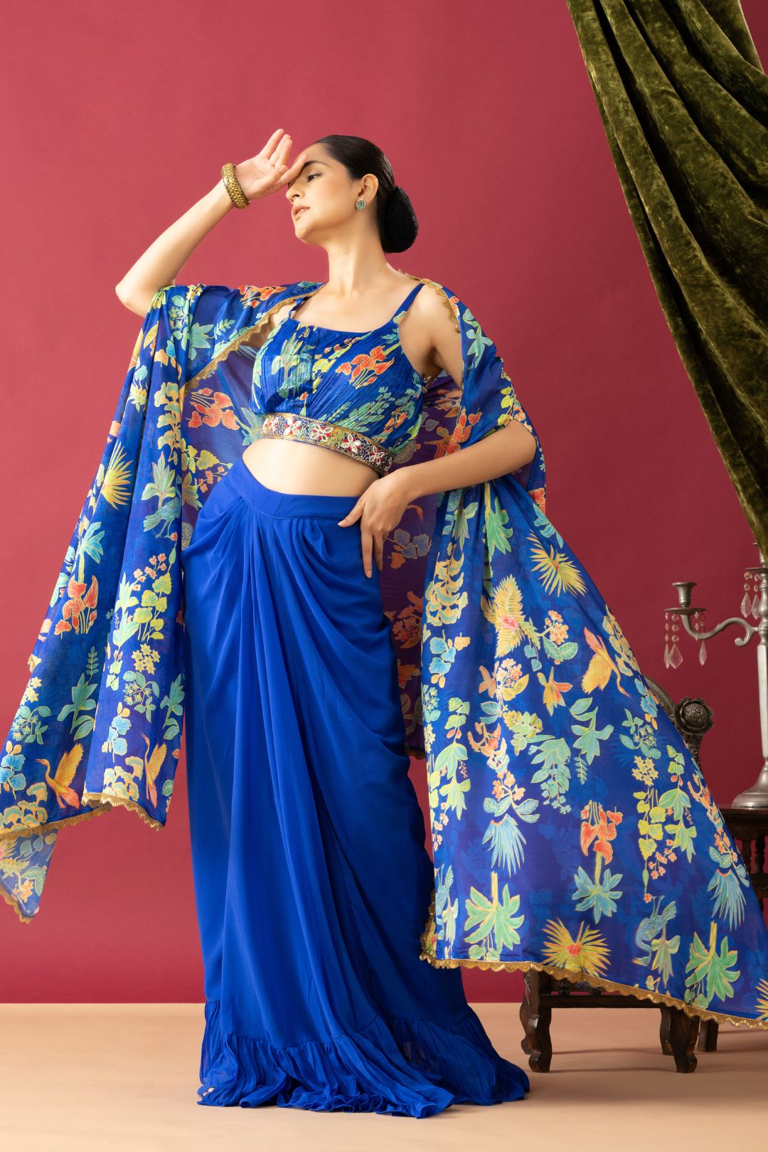 Blue Drape Skirt Set with Multicolor Cape