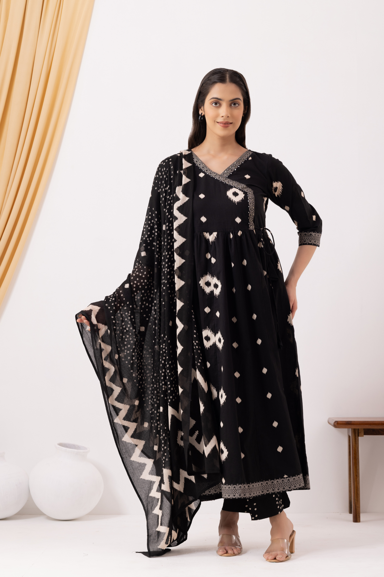 Black Cotton Printed Angrakha Anarkali Suit Set