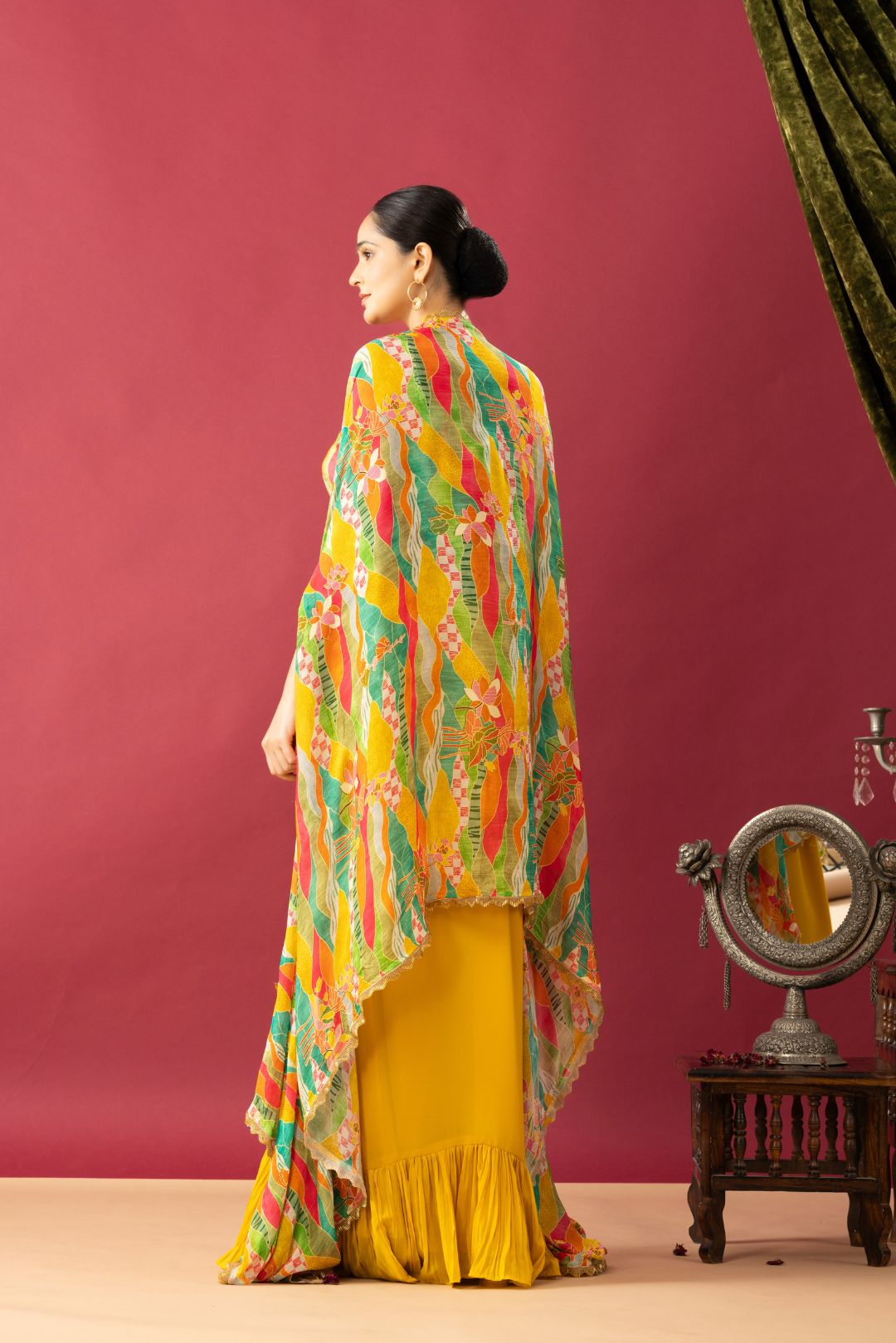 Mustard Yellow Cowl Skirt Set with Multicolor Cape