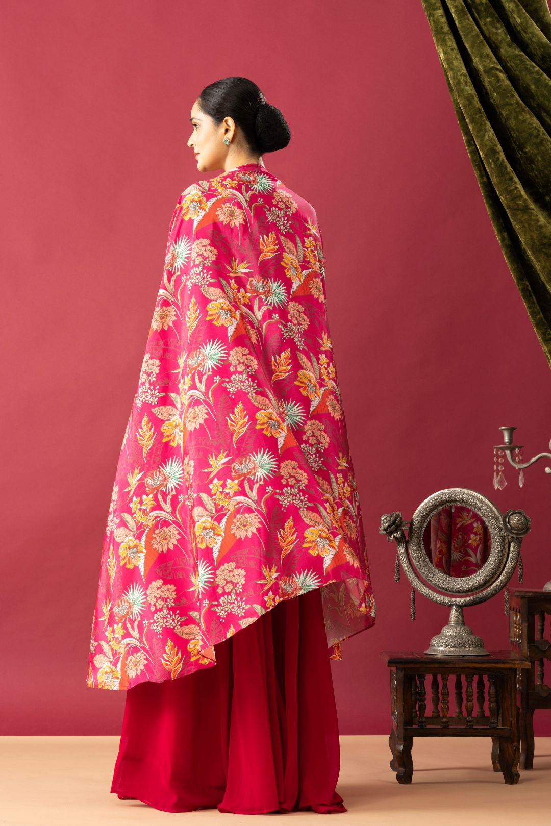 Pink Georgette Palazzo Set with Floral Cape