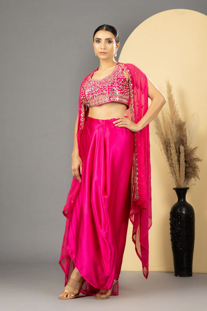 Pink Mirror Work Dhoti Skirt Set