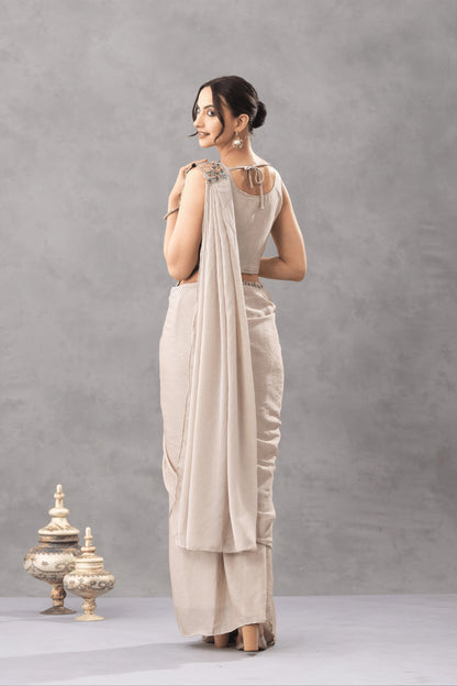 Warm Beige Draped Saree with Floral Embroidered Blouse