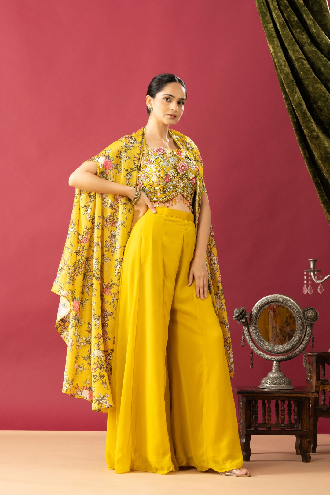 Indo Western Palazzo Set with Floral Printed Cape