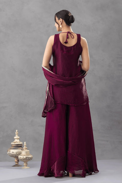 Wine Embroidered Kurta Palazzo Set