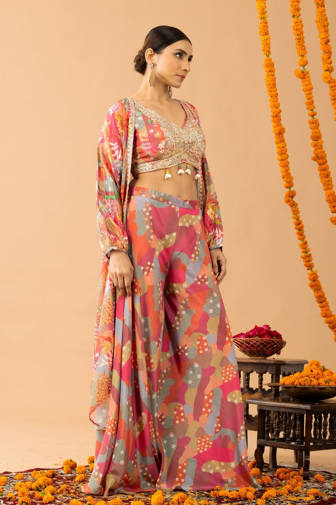 Pink Printed Sharara Set with shrug