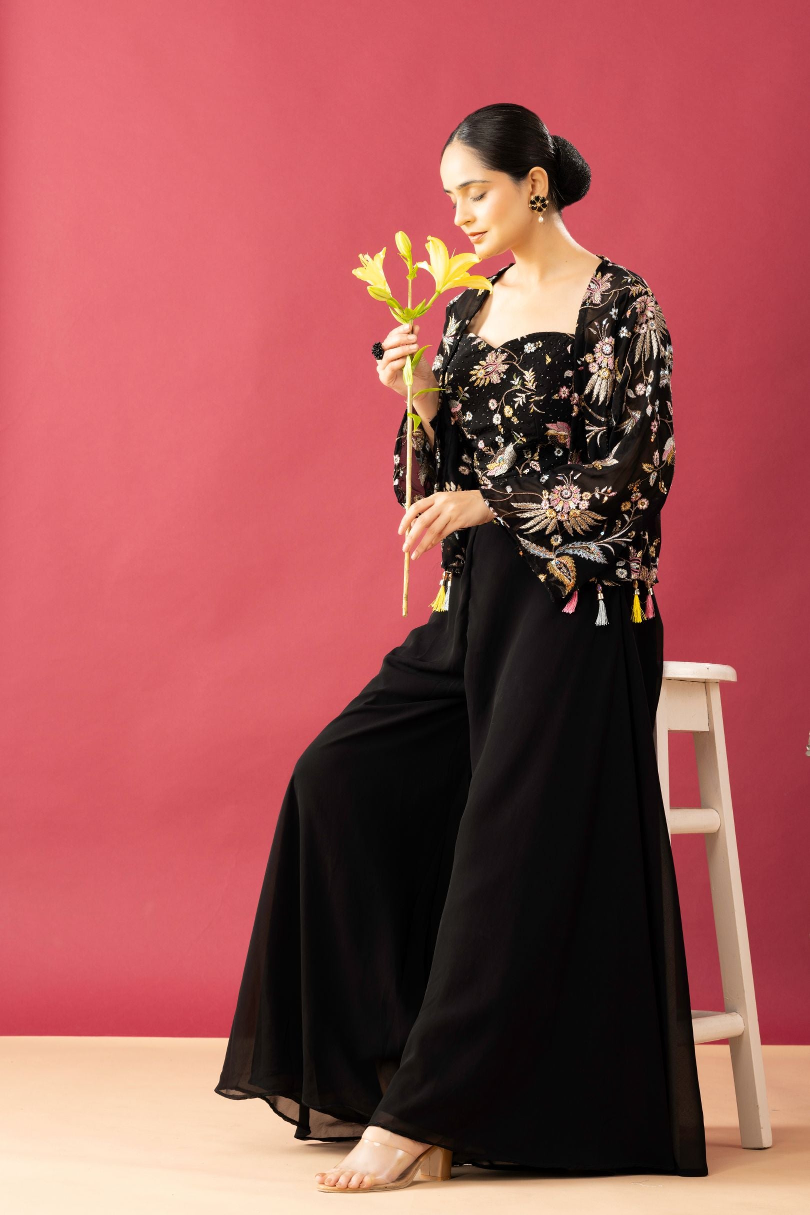 Black Pallazzo Set with Short Embroidered Shrug