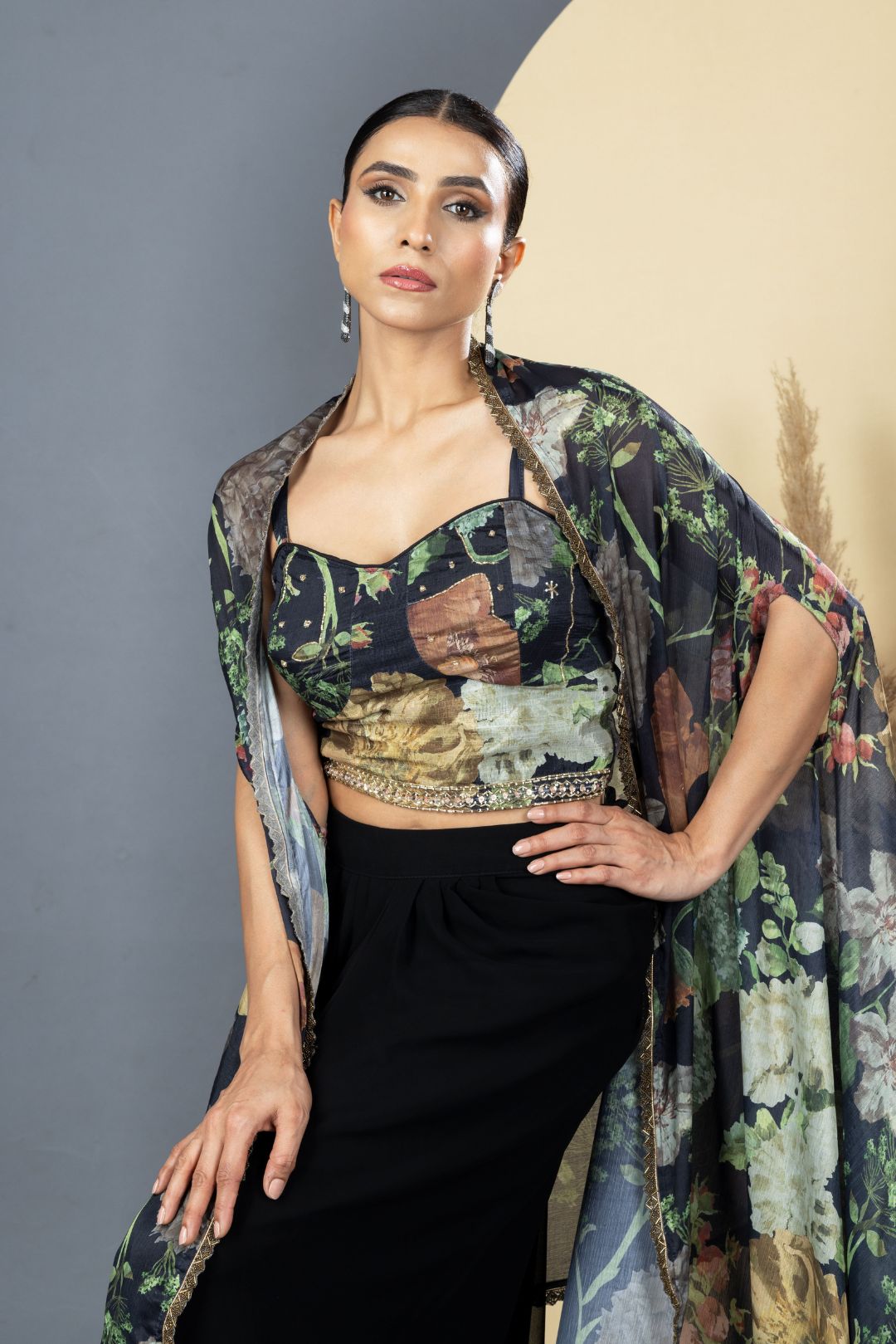 Black Floral Print Drape Skirt, Choli &amp; Cape Set