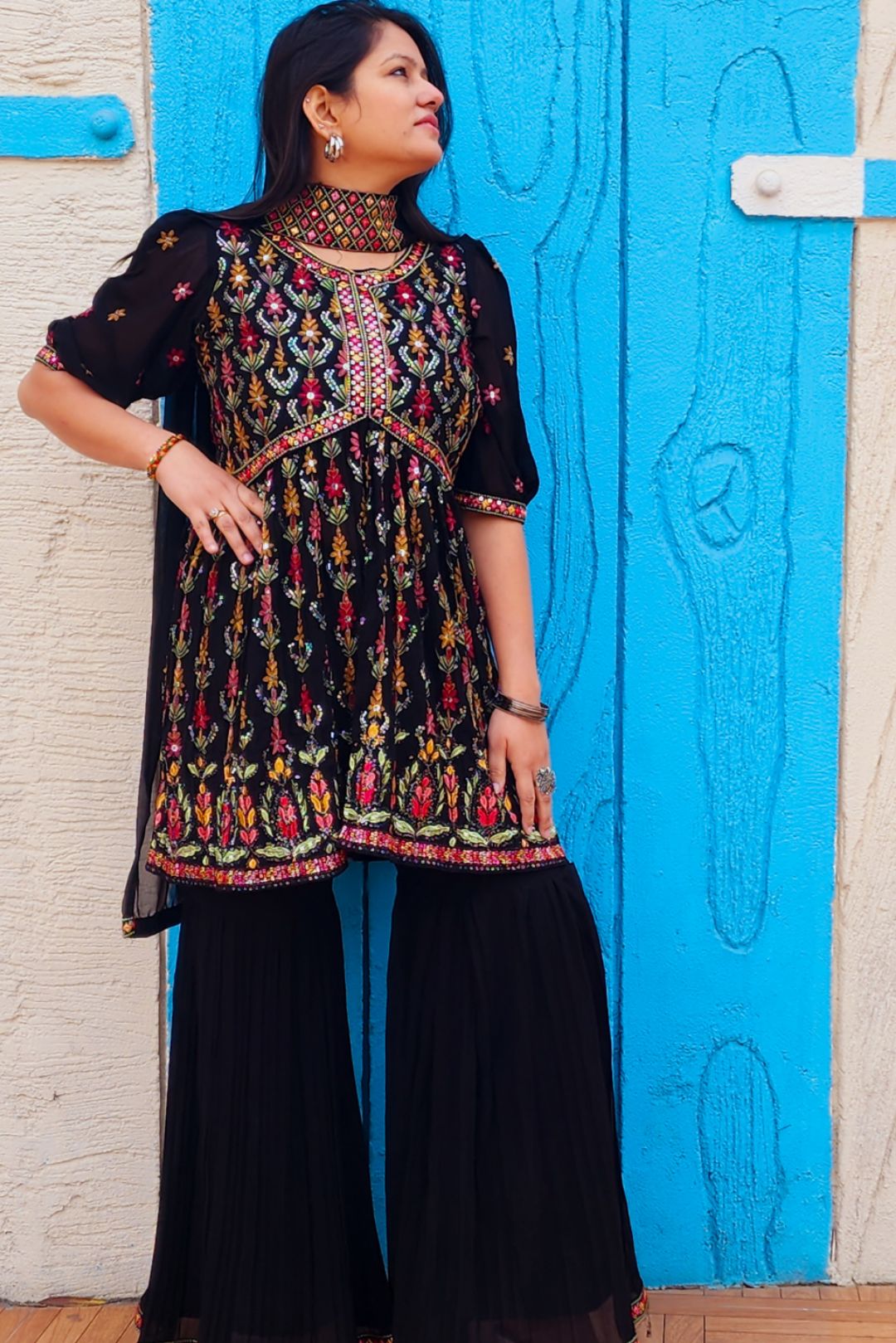 Black Multi Threadwork Georgette Sharara Suit