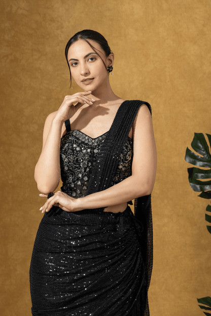 Black Sequin Drape Saree Set