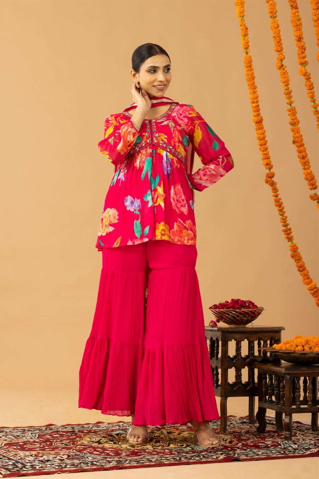 Magenta Pink Floral Print Peplum Top &amp; Sharara Set