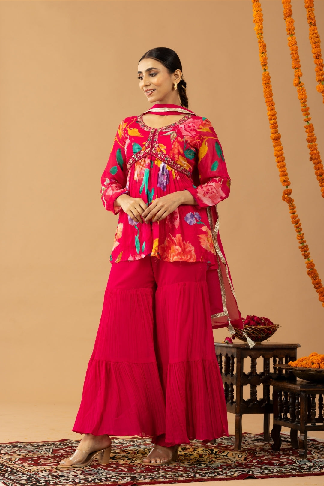 Magenta Pink Floral Print Peplum Top &amp; Sharara Set