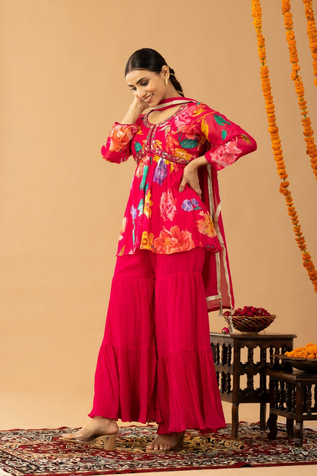 Magenta Pink Floral Print Peplum Top &amp; Sharara Set