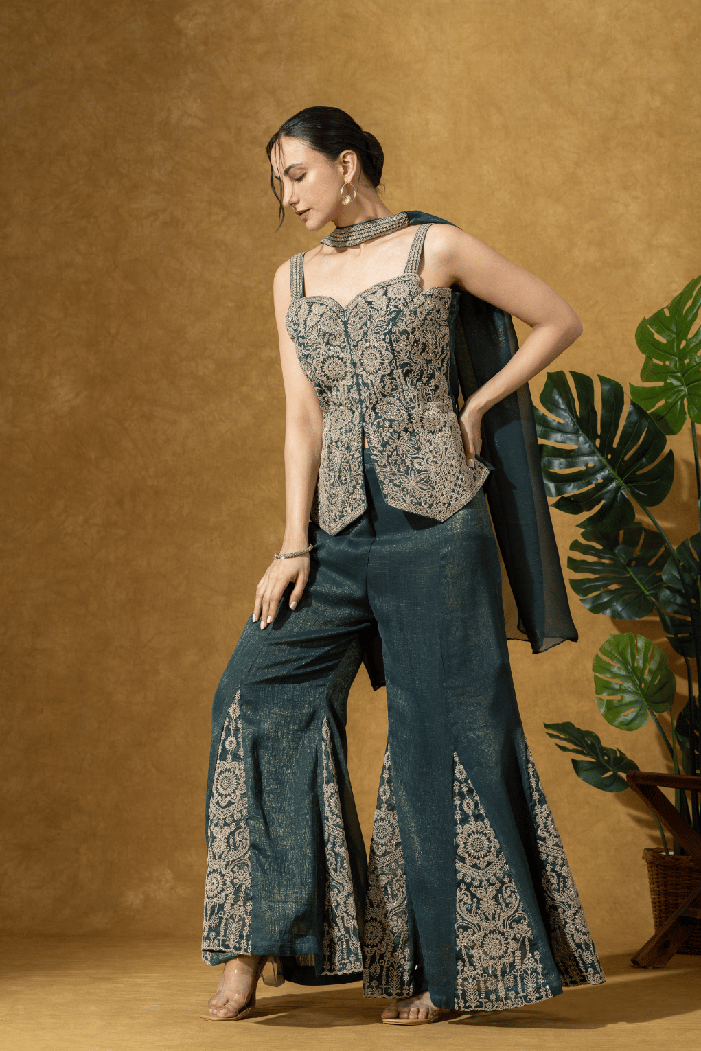 Teal Green Embroidered Indo-Western Jacket &amp; Flared Pants Set