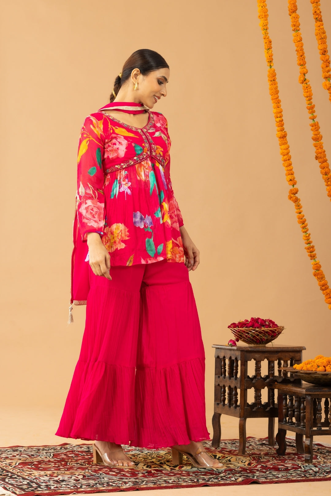 Magenta Pink Floral Print Peplum Top &amp; Sharara Set