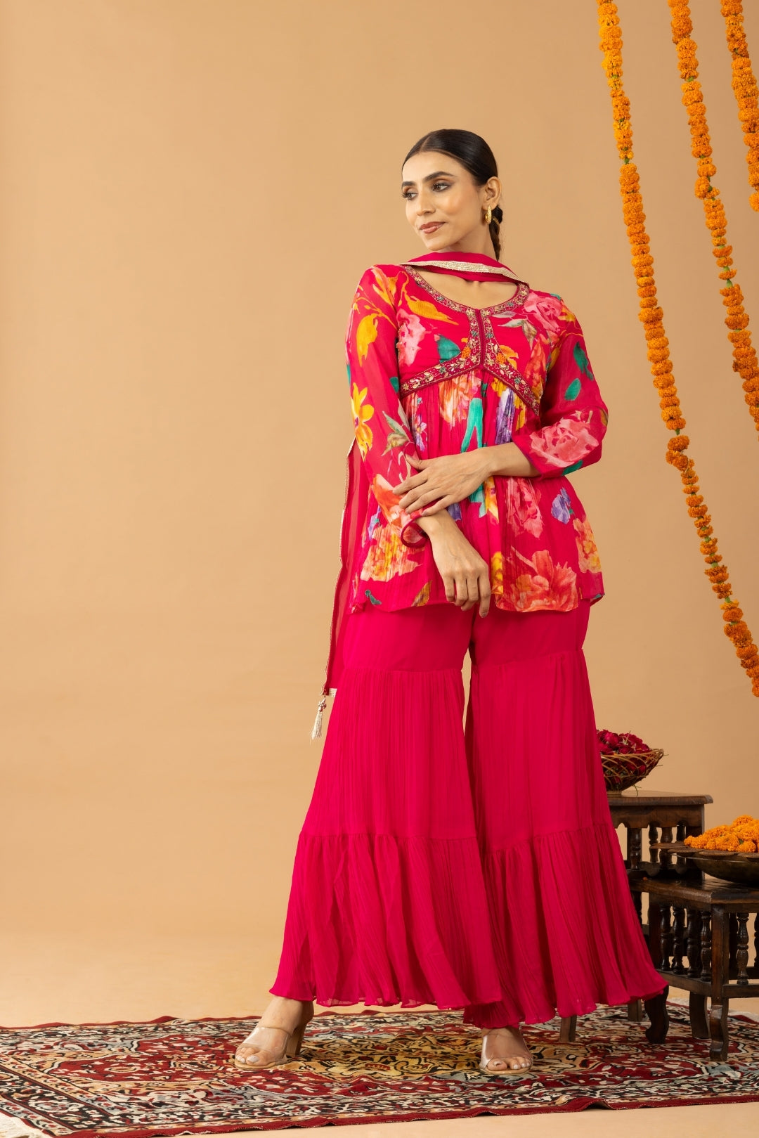 Magenta Pink Floral Print Peplum Top &amp; Sharara Set