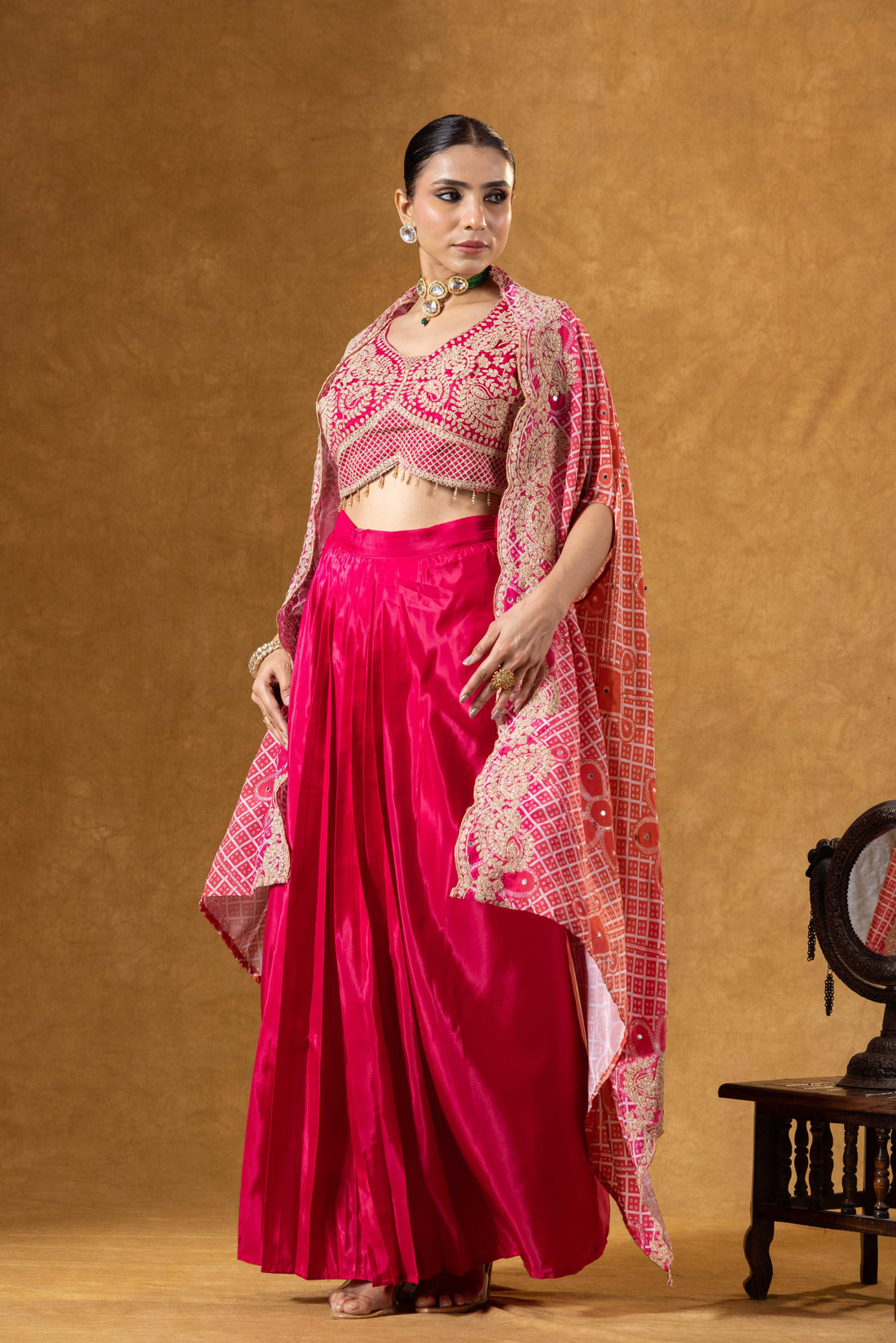 Pink &amp; Coral Red Cape Skirt Set