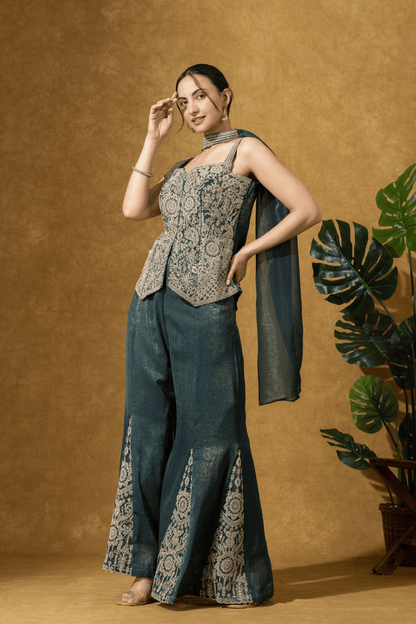 Teal Green Embroidered Indo-Western Jacket &amp; Flared Pants Set