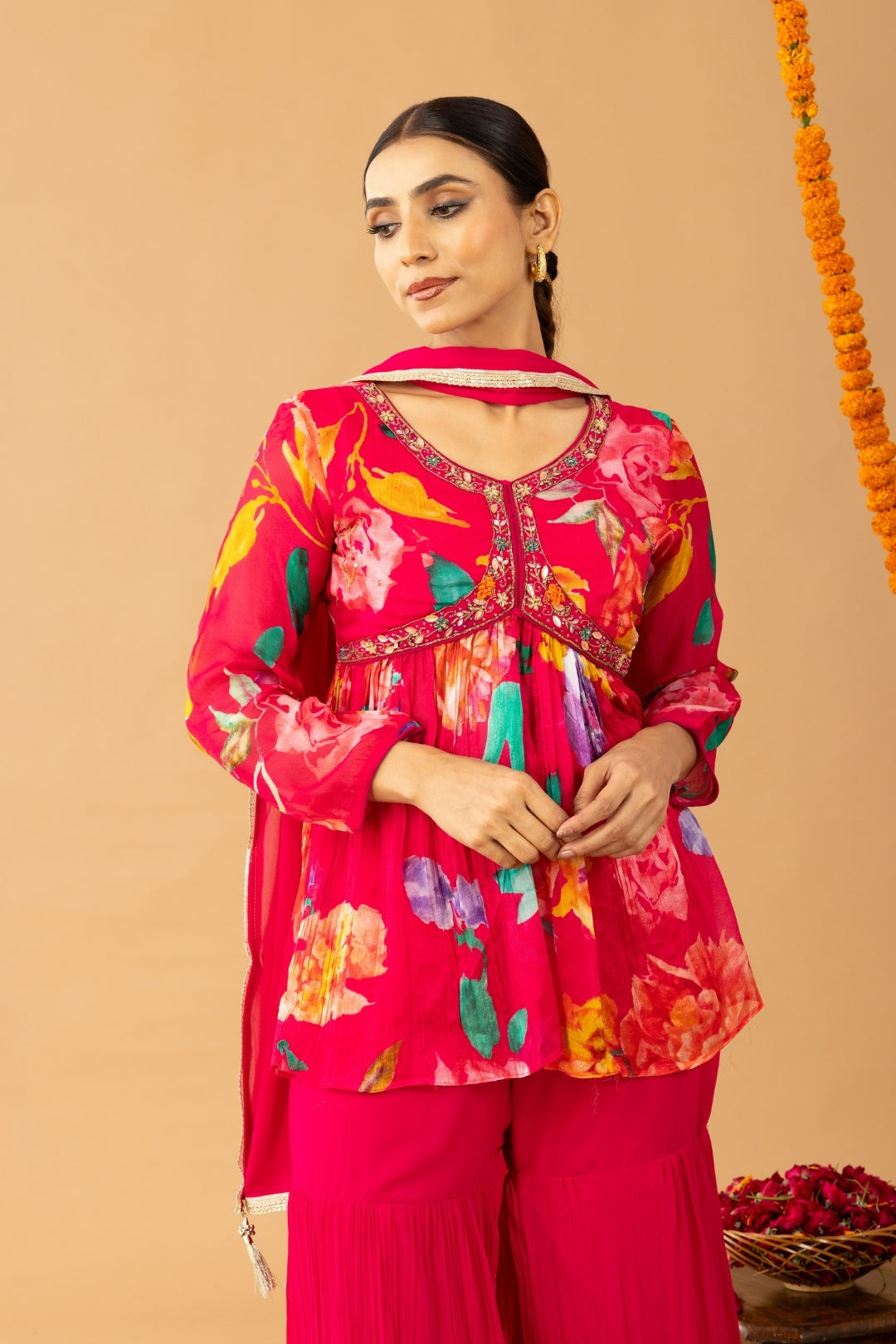 Magenta Pink Floral Print Peplum Top &amp; Sharara Set