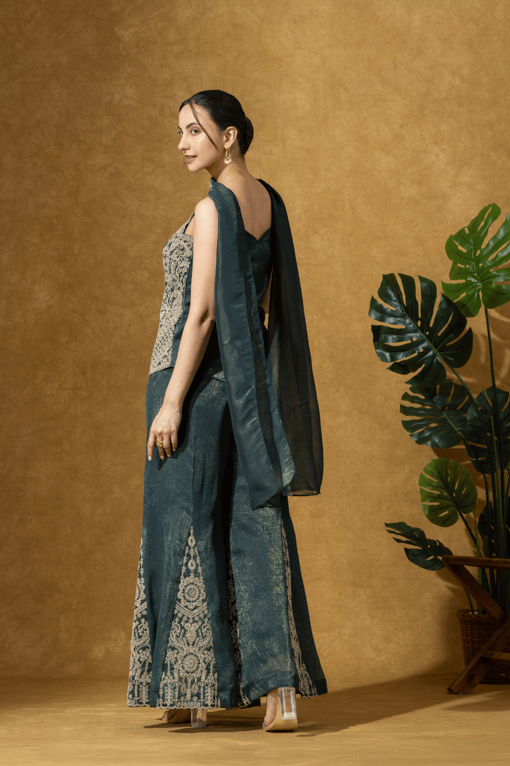 Teal Green Embroidered Indo-Western Jacket &amp; Flared Pants Set