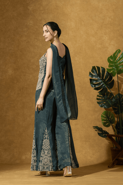 Teal Green Embroidered Indo-Western Jacket &amp; Flared Pants Set