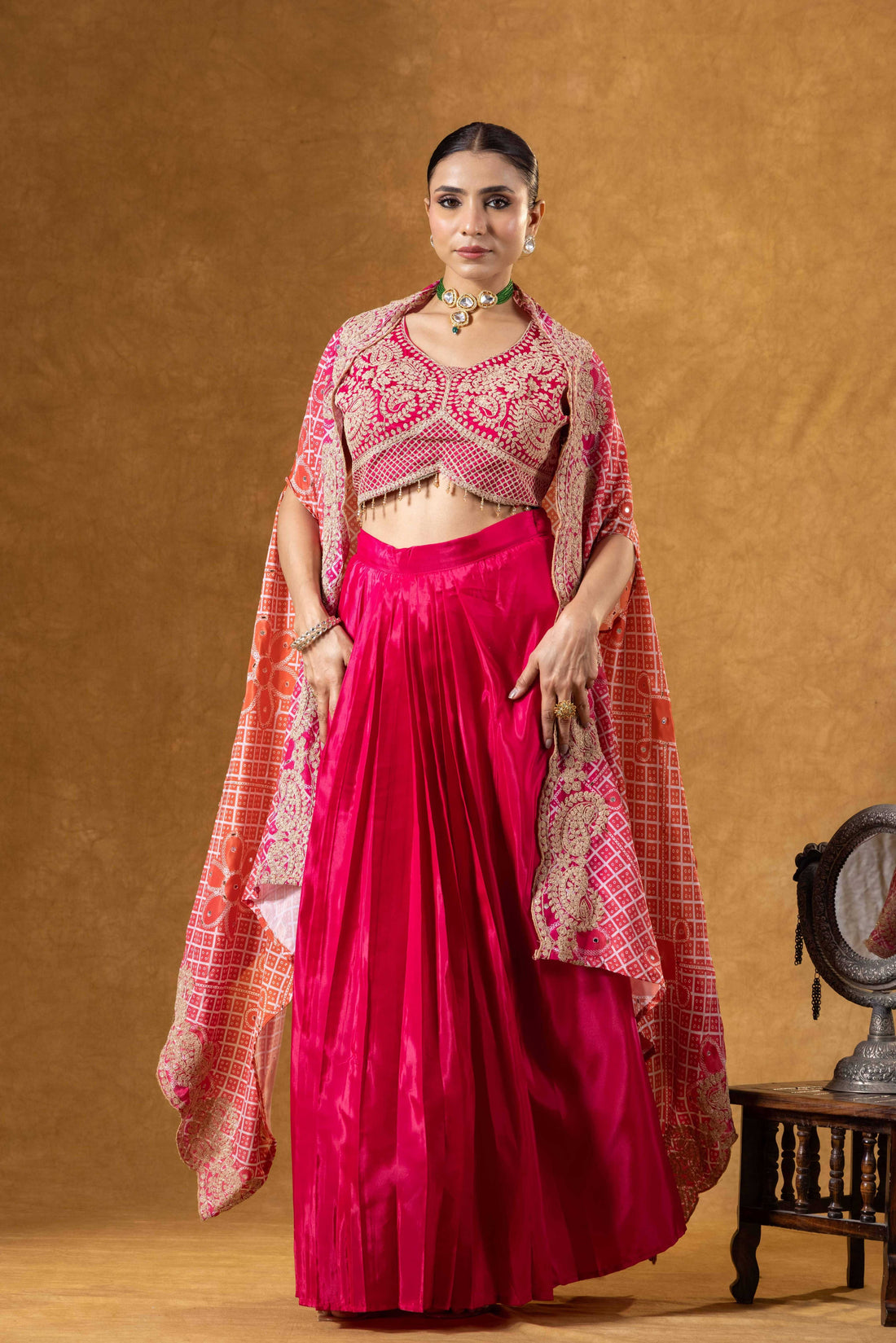 Pink &amp; Coral Red Cape Skirt Set