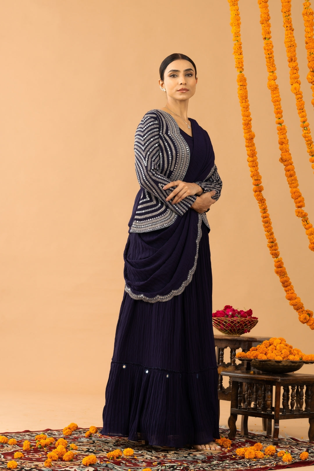 Blue Organza Silk Jacket Style Crop Top Lehenga with Attached Dupatta