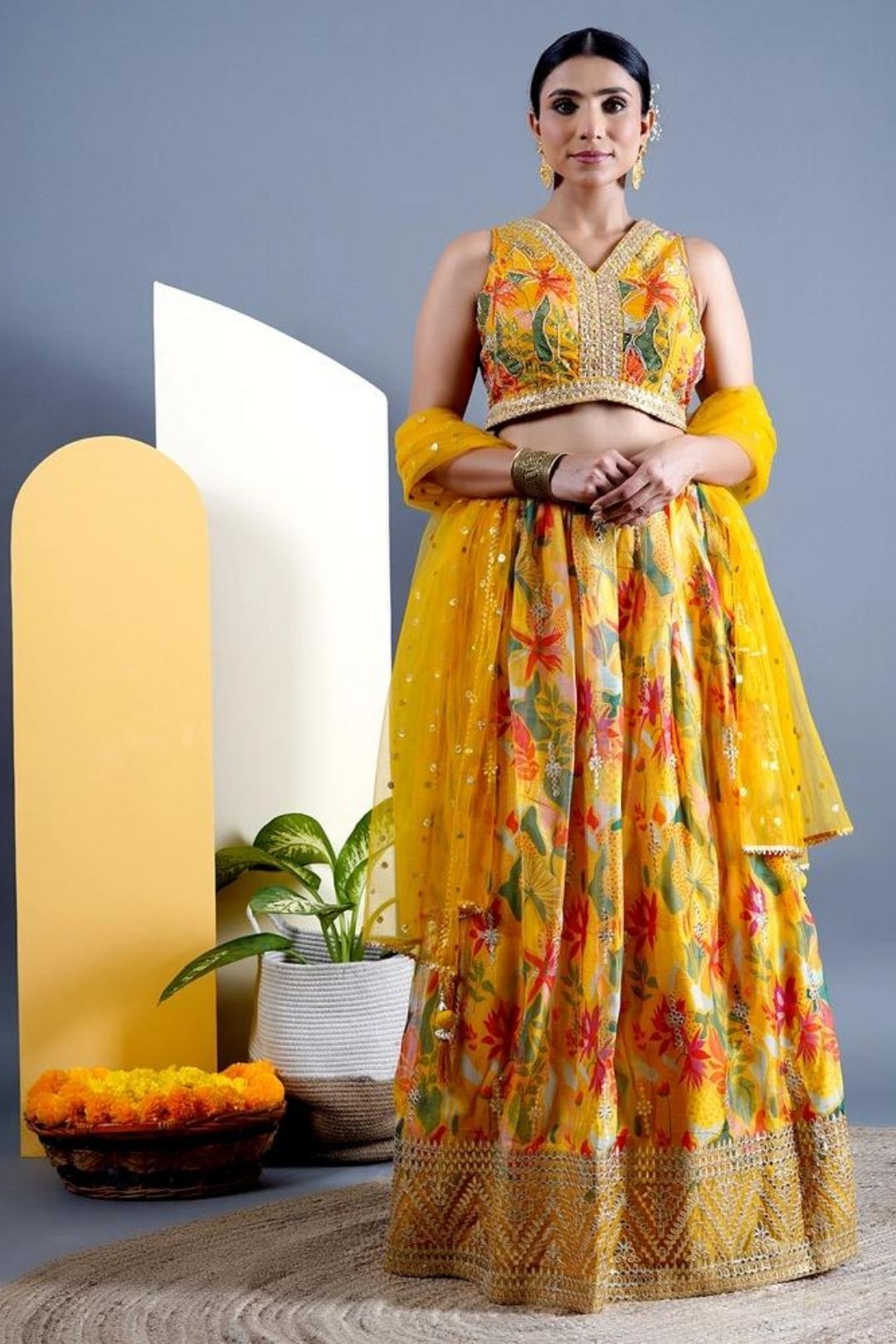 Yellow Floral Printed Organza Silk Lehenga Set For Haldi Ceremony