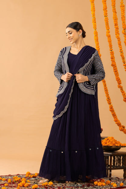 Blue Organza Silk Jacket Style Crop Top Lehenga with Attached