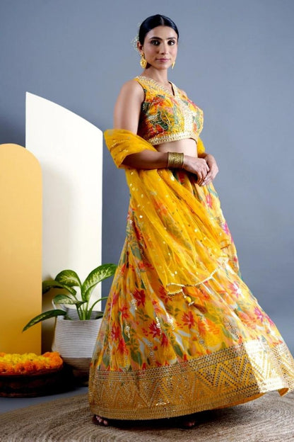 Yellow Floral Printed Organza Silk Lehenga Set For Haldi Ceremony