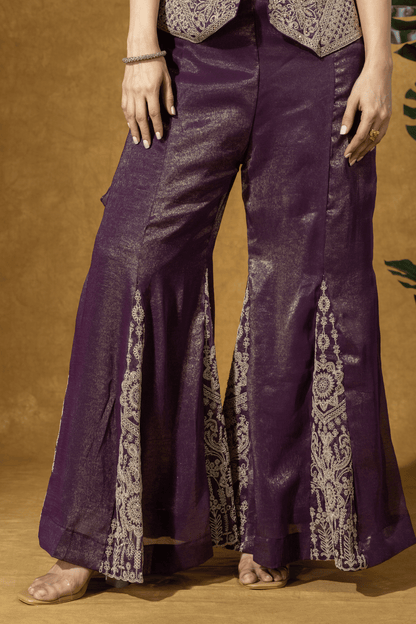 Wine Embroidered Indo-Western Jacket &amp; Flared Pants Set