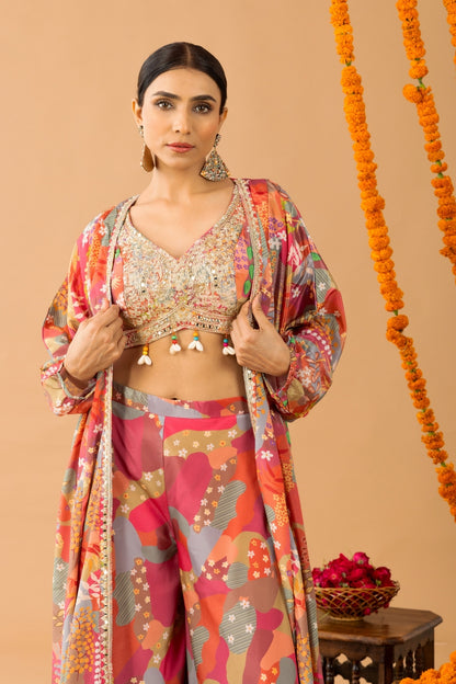 Pink Printed Sharara Set with shrug