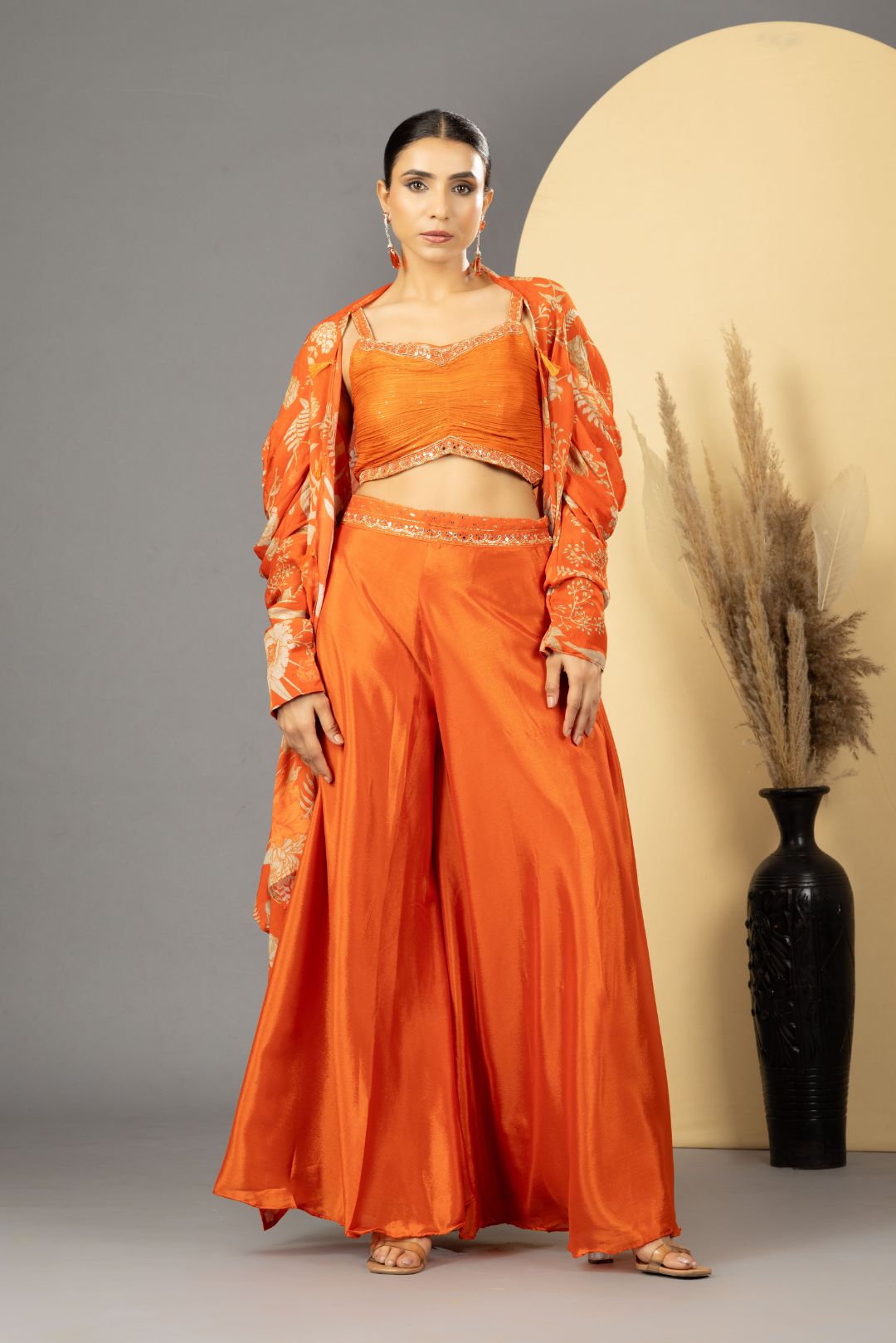 Orange Sharara with Full Sleeves Cape Set