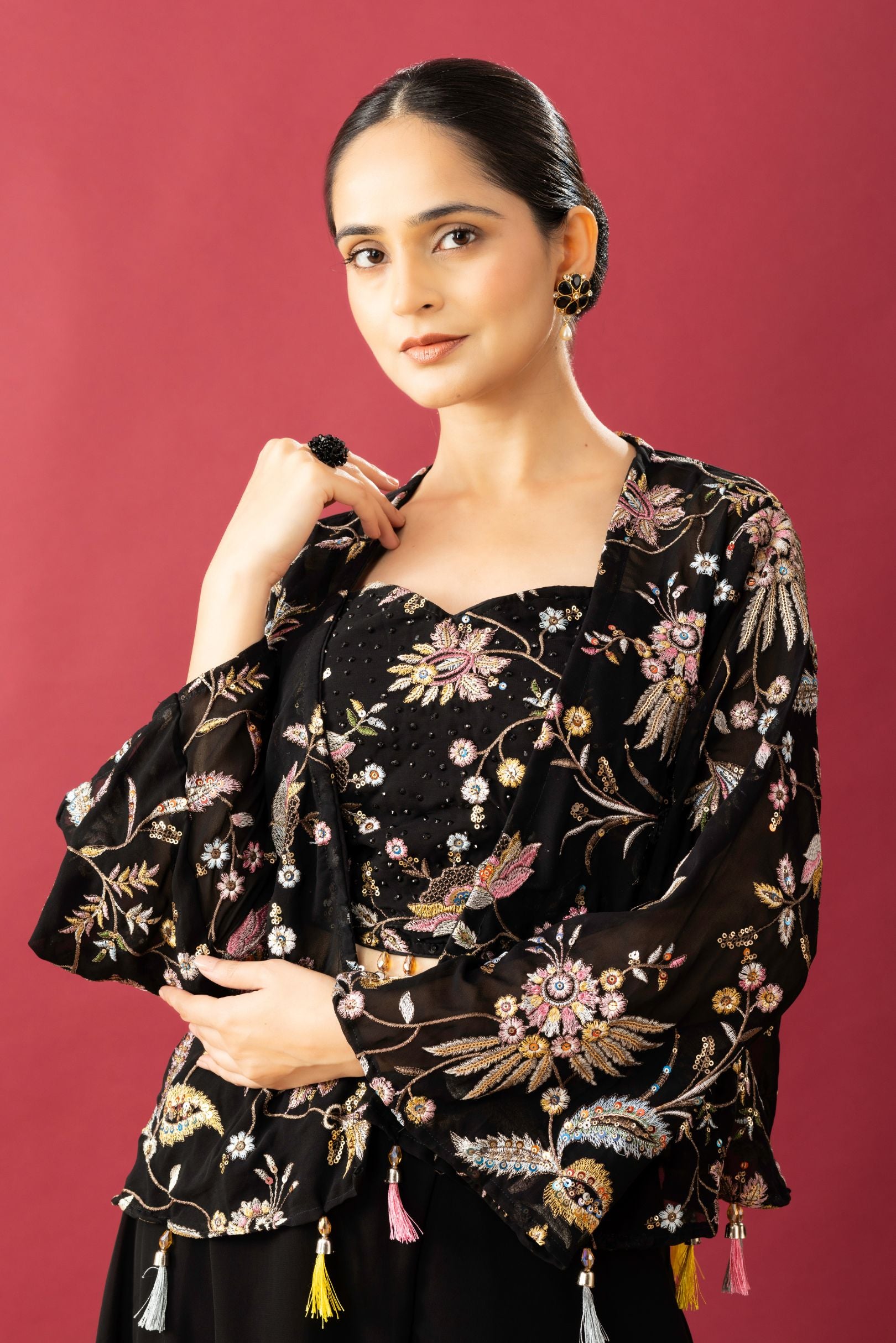 Black Pallazzo Set with Short Embroidered Shrug