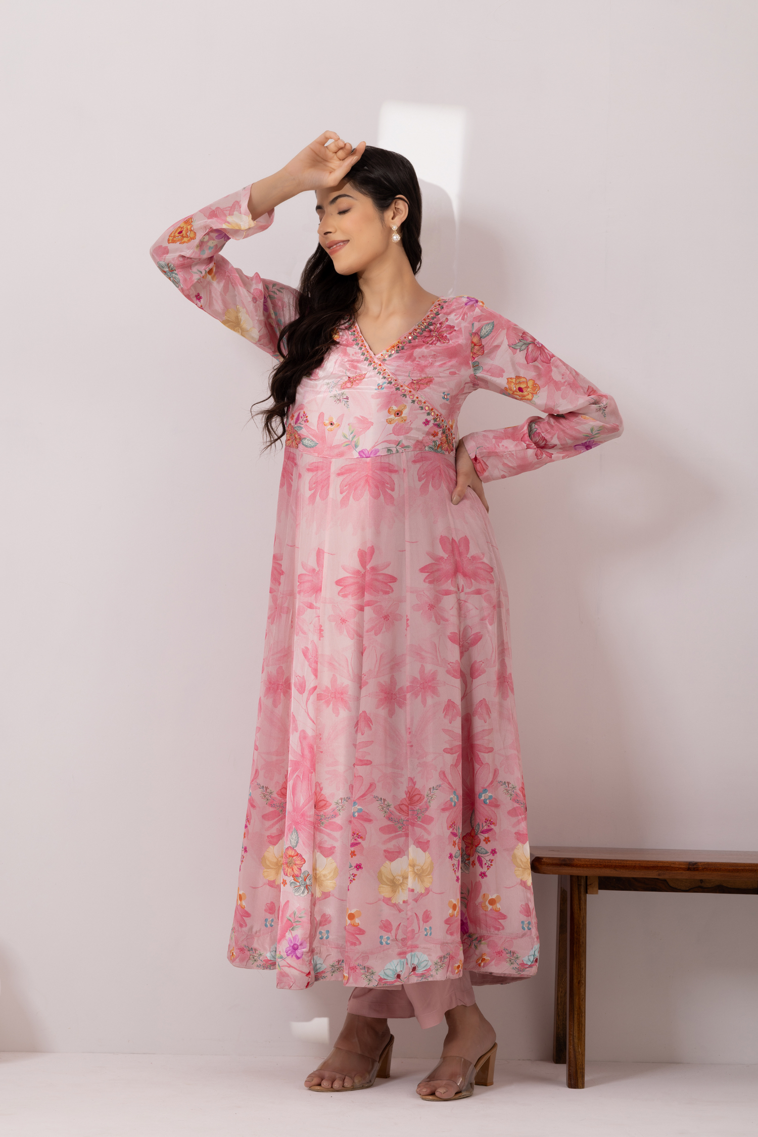 Pink Crepe Printed &amp; Hand Embroidered Angrakha  Style Anarkali Set