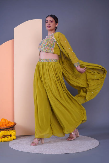 Multicolored Embroidered Crop top With Sharara &amp; Cape Set