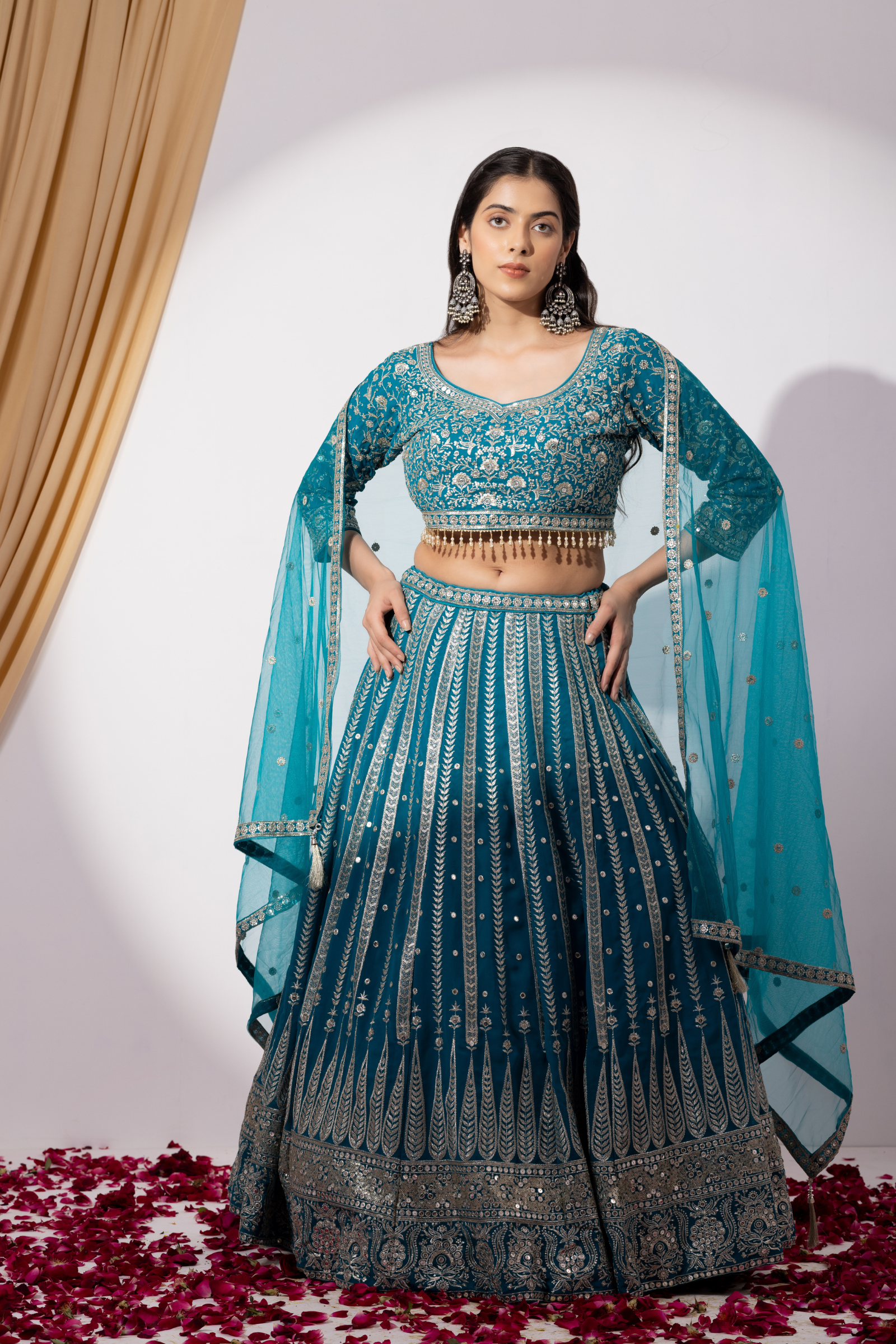 Turquoise Blue Lehenga Set with Zari Embellished Blouse and Embellished Cape