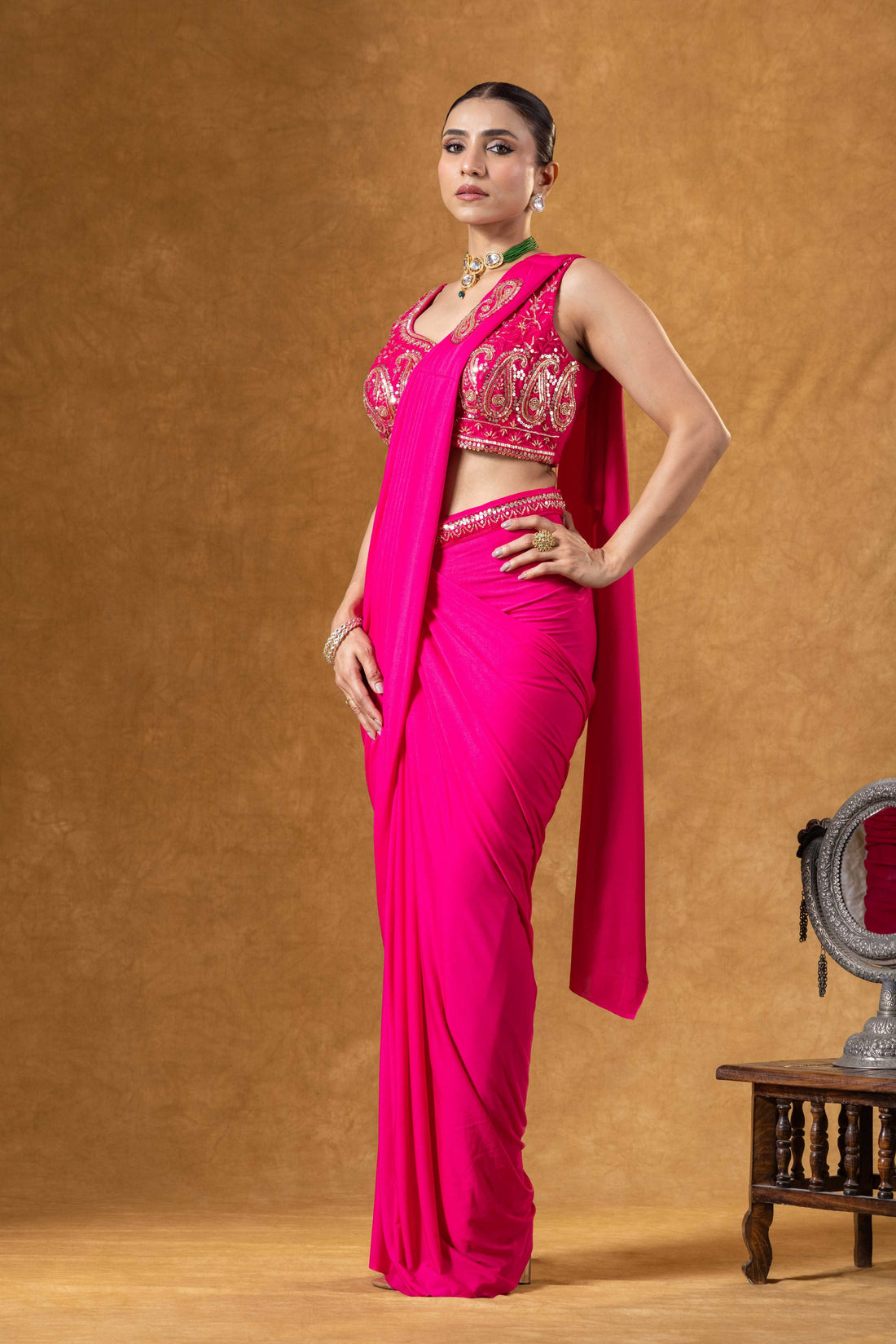 Hot Pink Draped Saree Ensemble