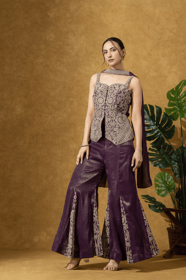 Wine Embroidered Indo-Western Jacket & Flared Pants Set