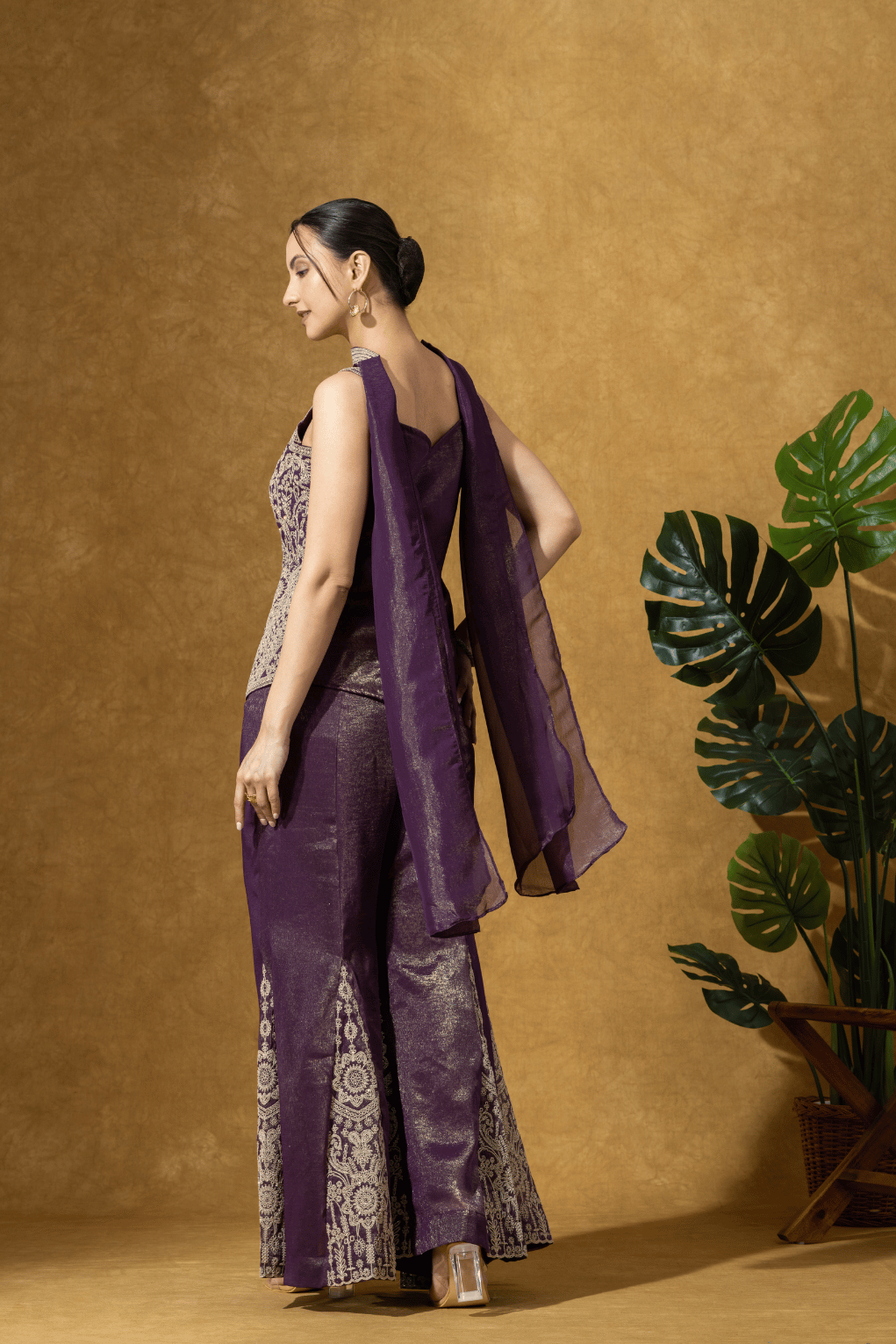 Wine Embroidered Indo-Western Jacket &amp; Flared Pants Set