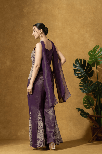 Wine Embroidered Indo-Western Jacket &amp; Flared Pants Set