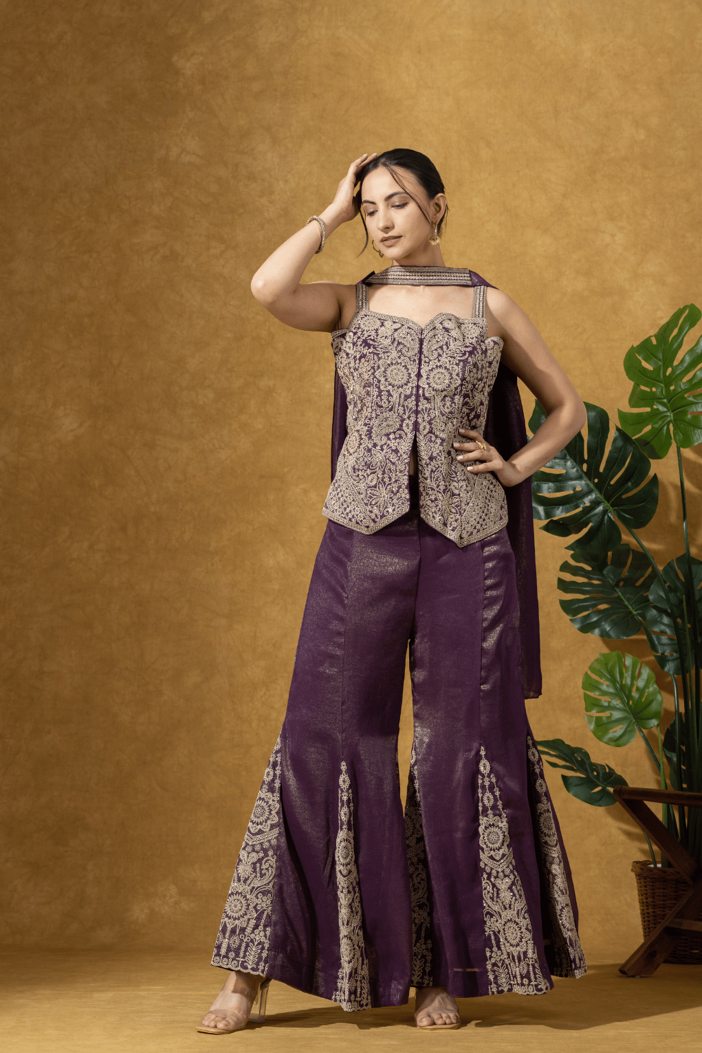 Wine Embroidered Indo-Western Jacket &amp; Flared Pants Set