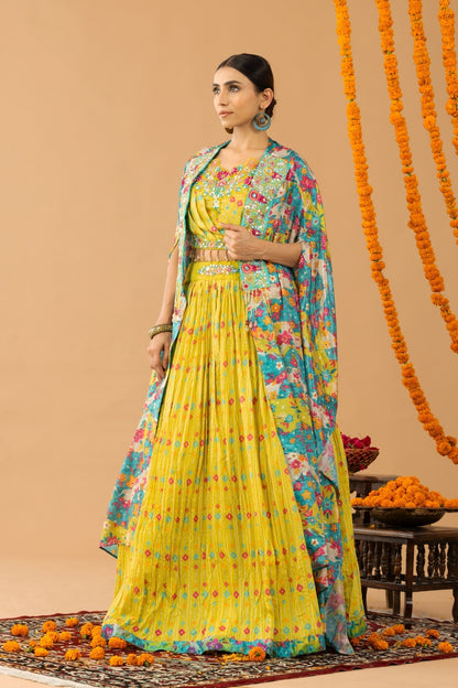 Yellow Chiffon Silk Digital Printed Lehenga with Cape Jacket