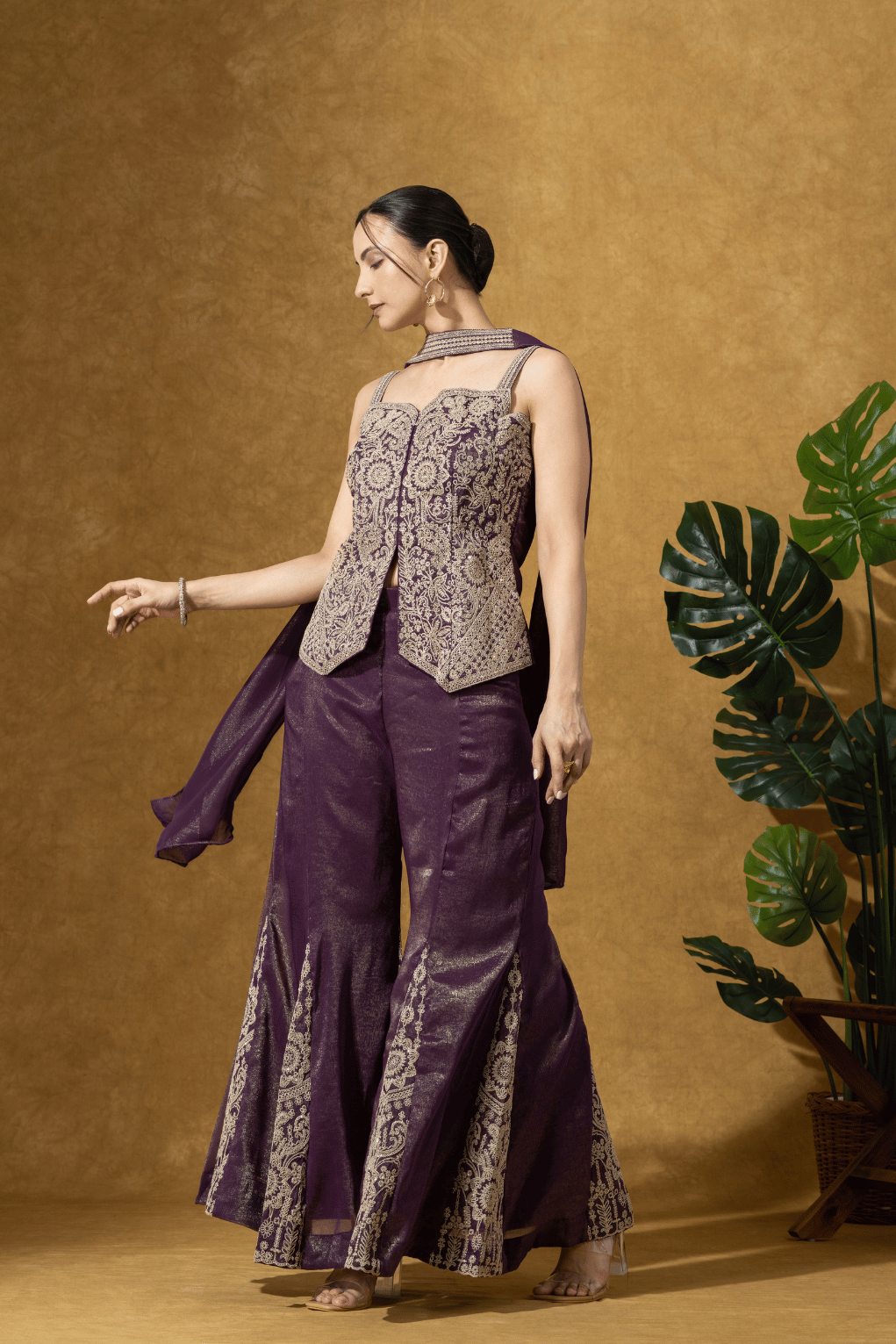 Wine Embroidered Indo-Western Jacket &amp; Flared Pants Set