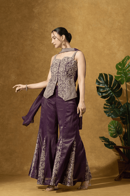 Wine Embroidered Indo-Western Jacket &amp; Flared Pants Set
