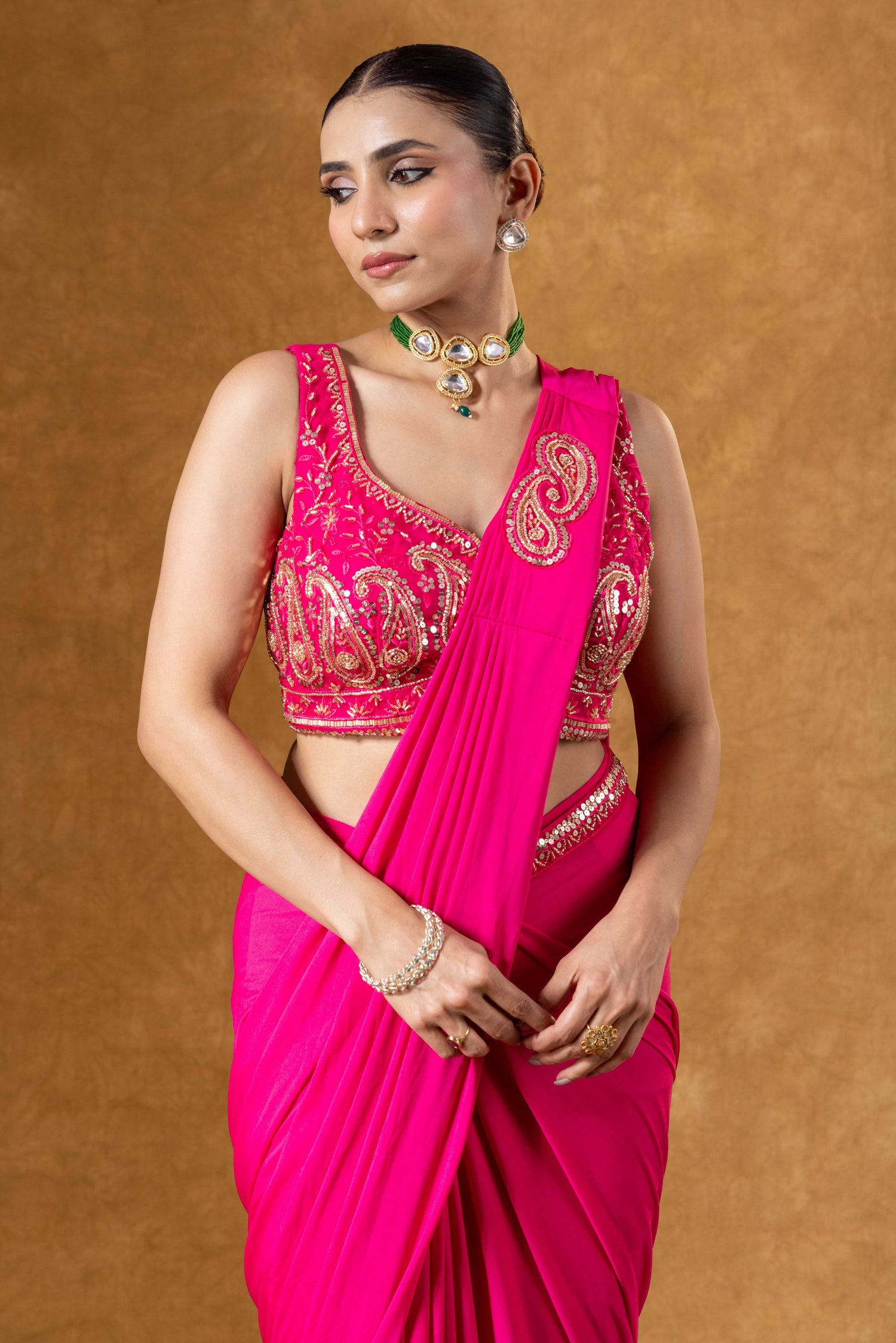Hot Pink Draped Saree Ensemble