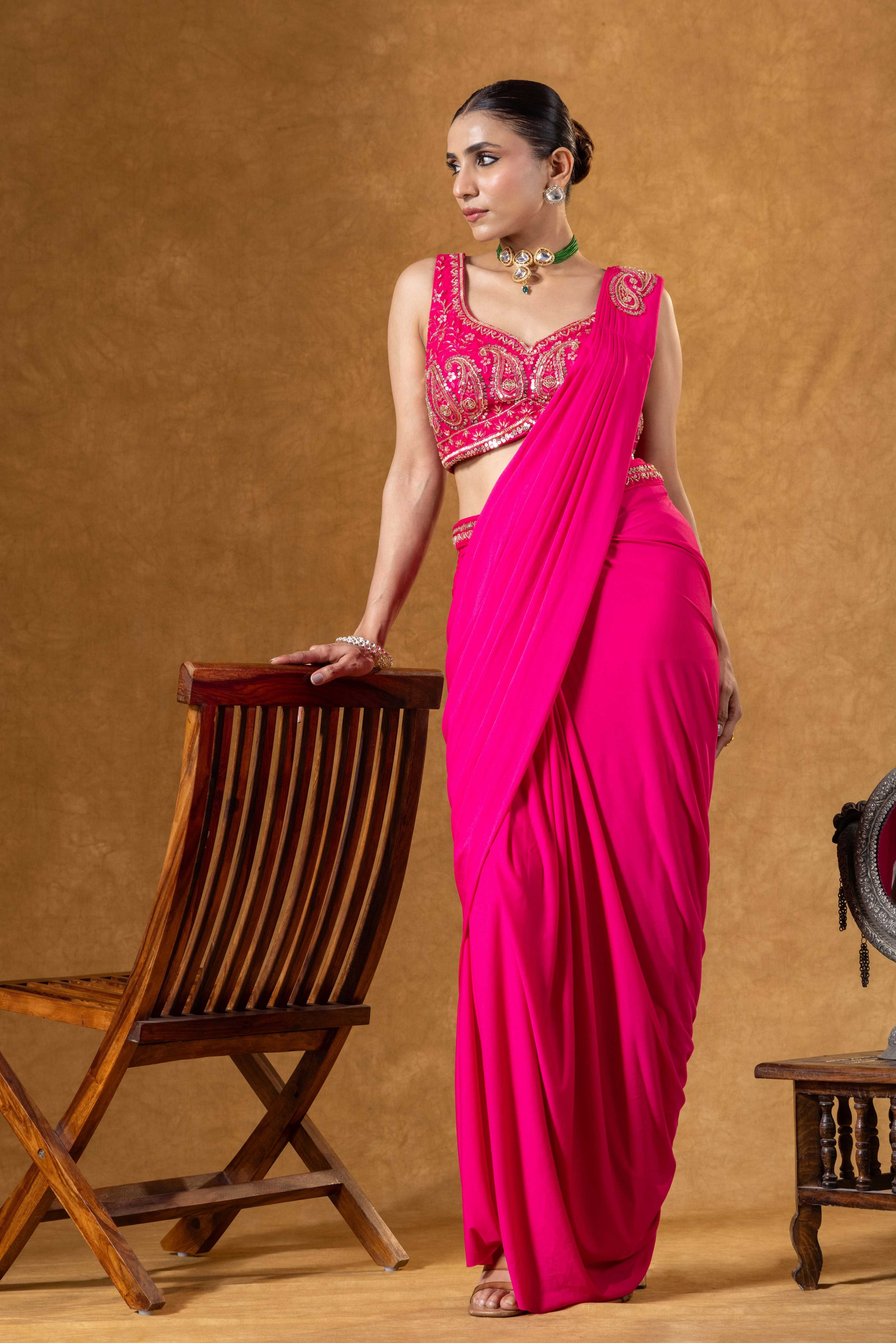 Hot Pink Draped Saree Ensemble