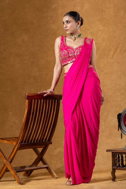 Hot Pink Draped Saree Ensemble